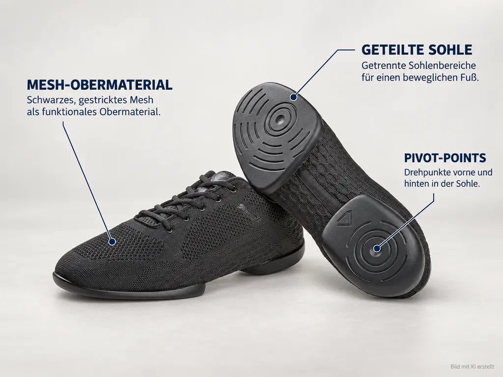 Diamant Unisex Split-Sole Dance Sneakers TUNE Black – Produktinfografik, mit KI erstellt