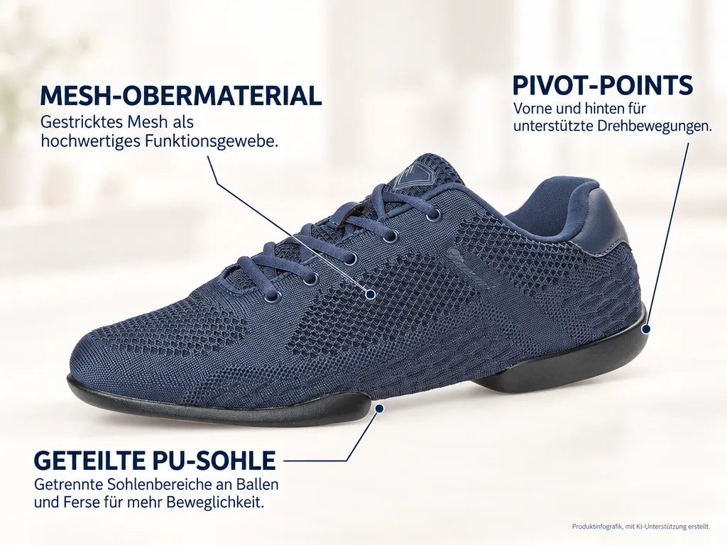 Diamant Unisex Split-Sole Dance Sneakers TUNE Blau – Produktinfografik, mit KI-Unterstützung erstellt.