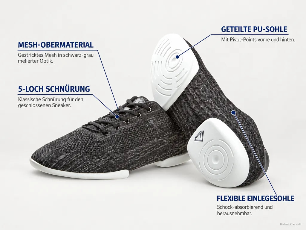 Diamant Unisex Split-Sole Dance Sneakers TUNE Gray – Produktinfografik, mit KI erstellt