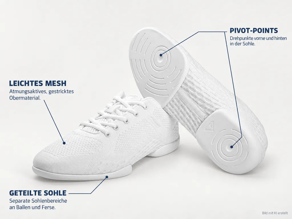 Diamant Unisex Split-Sole Dance Sneakers TUNE White – Produktinfografik, mit KI erstellt