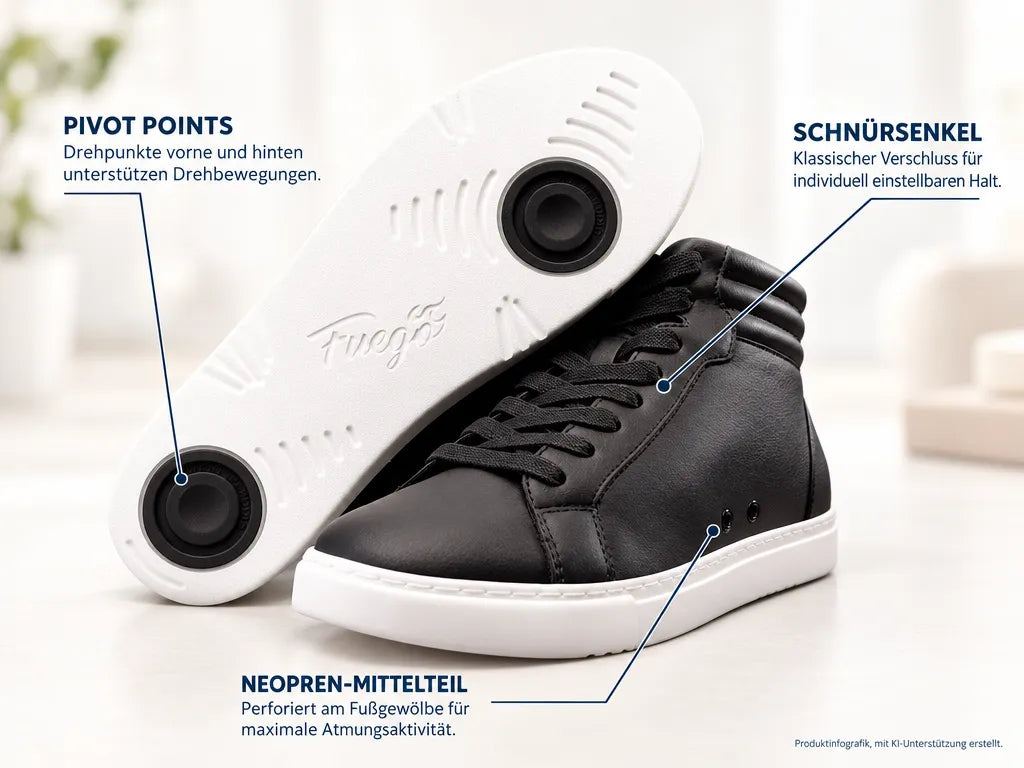 Fuego Unisex High-Top Dance Sneakers Black – Produktinfografik, mit KI-Unterstützung erstellt.
