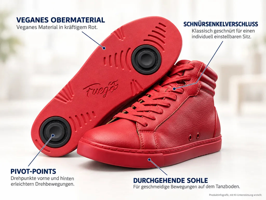 Fuego Unisex High-Top Dance Sneakers Red – Produktinfografik, mit KI-Unterstützung erstellt.