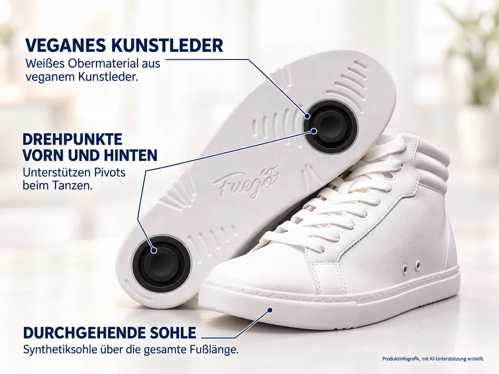 Fuego Unisex High-Top Dance Sneakers White – Produktinfografik, mit KI-Unterstützung erstellt.