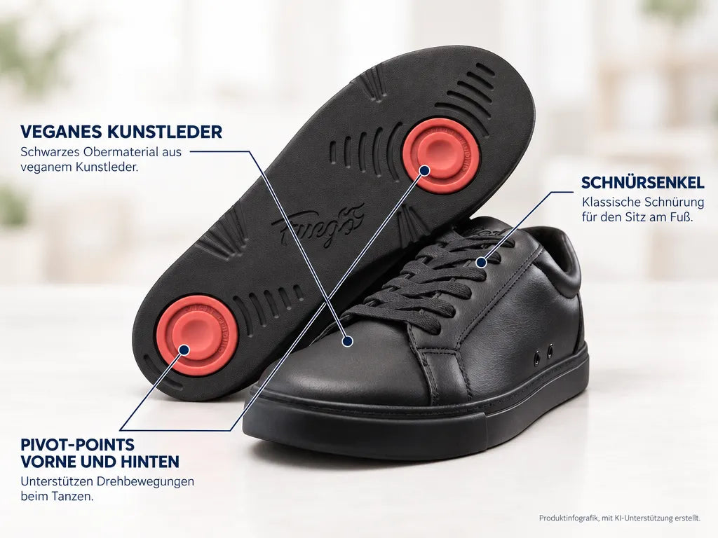Fuego Unisex Low-Top Dance Sneakers All-Black – Produktinfografik, mit KI-Unterstützung erstellt.