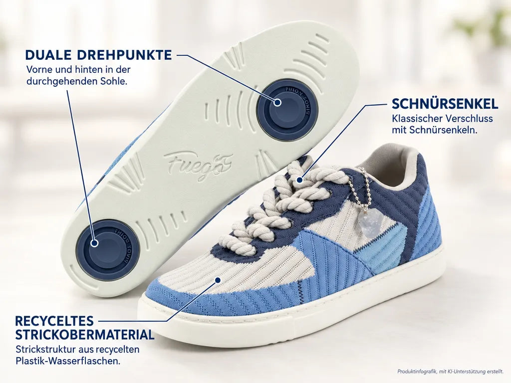 Fuego Unisex Low-Top Dance Sneakers Blue Jade – Produktinfografik, mit KI-Unterstützung erstellt.