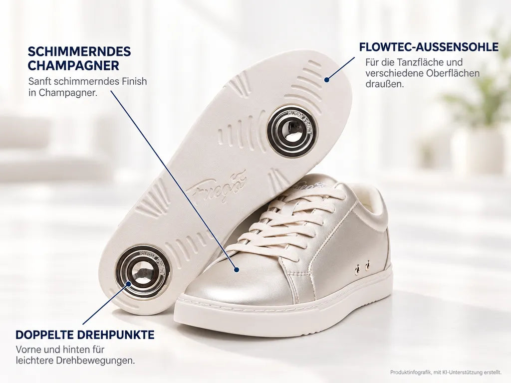 Fuego Unisex Low-Top Dance Sneakers Champagne – Produktinfografik, mit KI-Unterstützung erstellt.