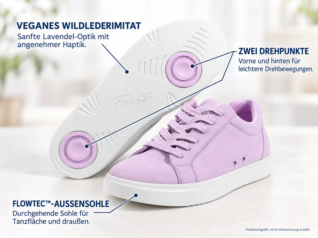 Fuego Unisex Low-Top Dance Sneakers Lavender – Produktinfografik, mit KI-Unterstützung erstellt.