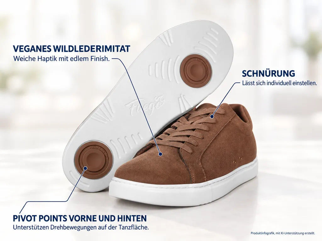 Fuego Unisex Low-Top Dance Sneakers Mocha – Produktinfografik, mit KI-Unterstützung erstellt.