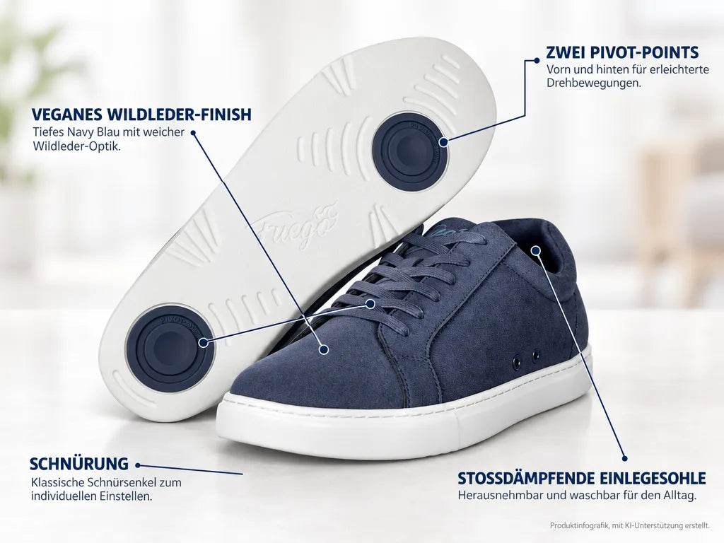 Fuego Unisex Low-Top Dance Sneakers Navy – Produktinfografik, mit KI-Unterstützung erstellt.