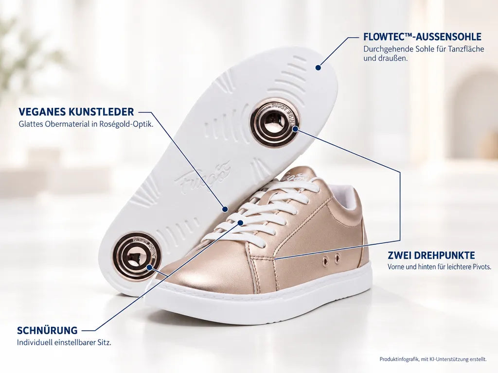 Fuego Unisex Low-Top Dance Sneakers Rose Gold – Produktinfografik, mit KI-Unterstützung erstellt.