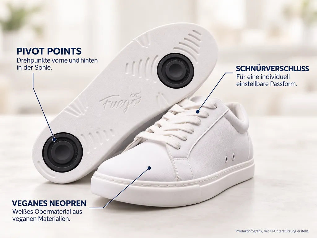 Fuego Unisex Low-Top Dance Sneakers White – Produktinfografik, mit KI-Unterstützung erstellt.