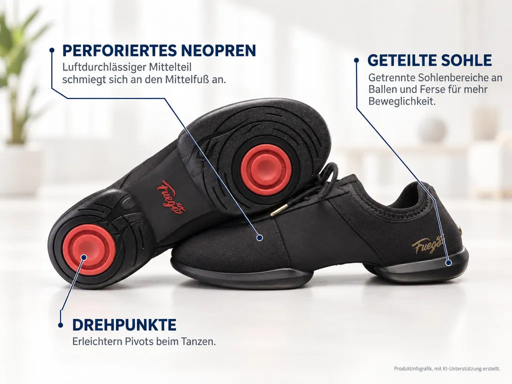 Fuego Unisex Split-Sole Dance Sneakers All-Black – Produktinfografik, mit KI-Unterstützung erstellt.