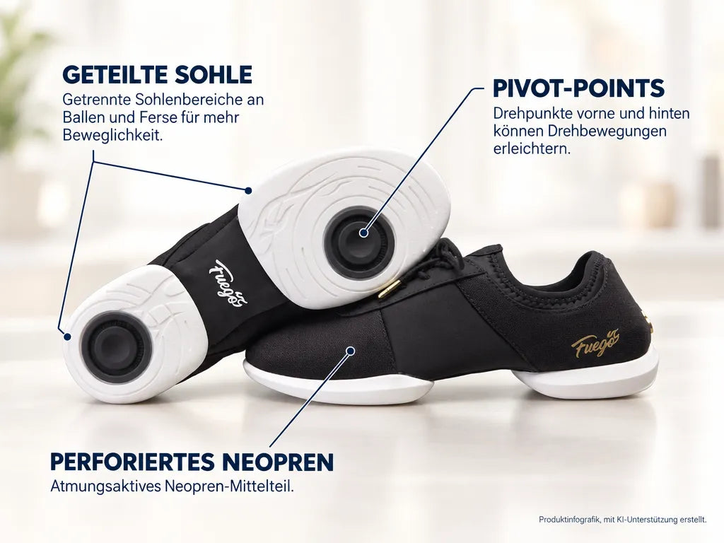 Fuego Unisex Split-Sole Dance Sneakers Black – Produktinfografik, mit KI-Unterstützung erstellt.