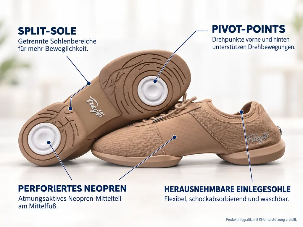 Fuego Unisex Split-Sole Dance Sneakers Latte – Produktinfografik, mit KI-Unterstützung erstellt.