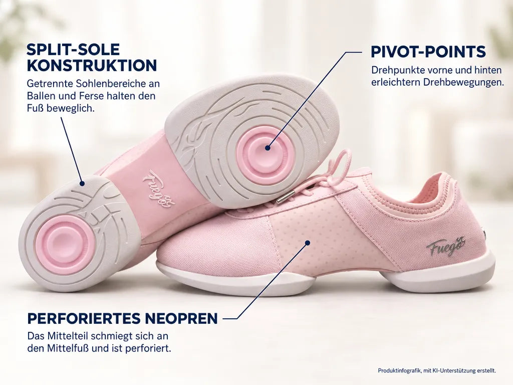 Fuego Unisex Split-Sole Dance Sneakers Pink – Produktinfografik, mit KI-Unterstützung erstellt.