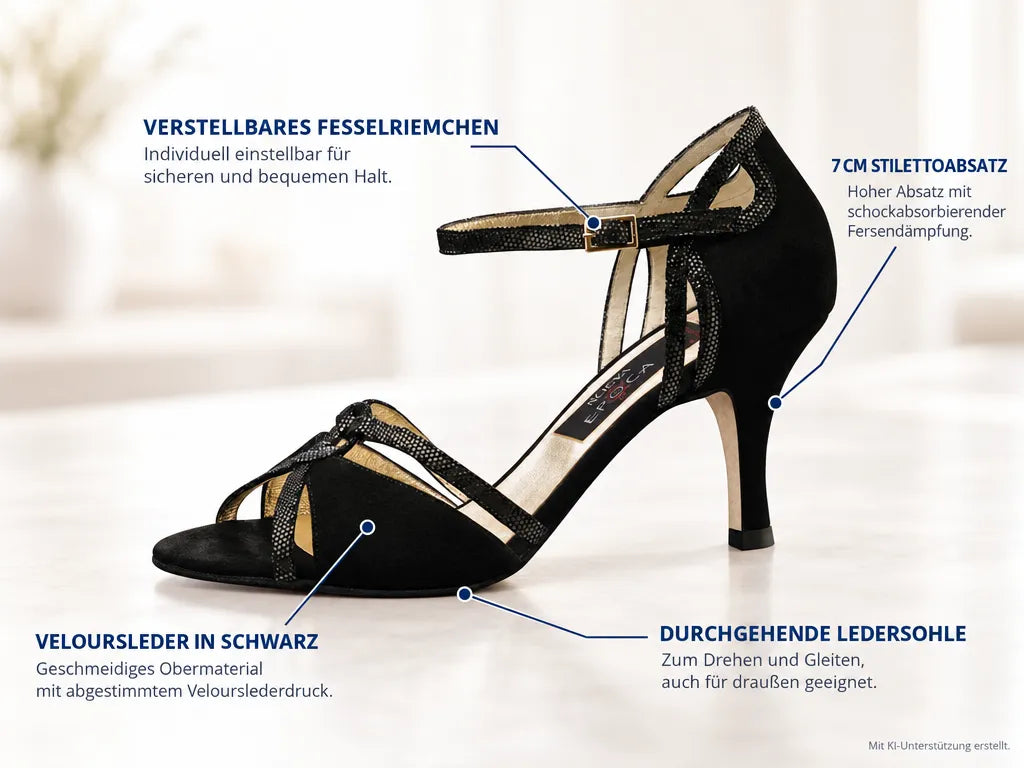 Nueva Epoca Abendschuhe Christina LS – Produktinfografik, mit KI-Unterstützung erstellt.