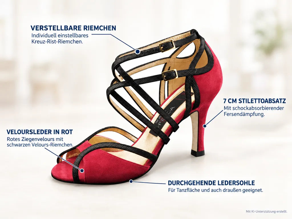 Nueva Epoca Abendschuhe Cosima LS – Produktinfografik, mit KI-Unterstützung erstellt.
