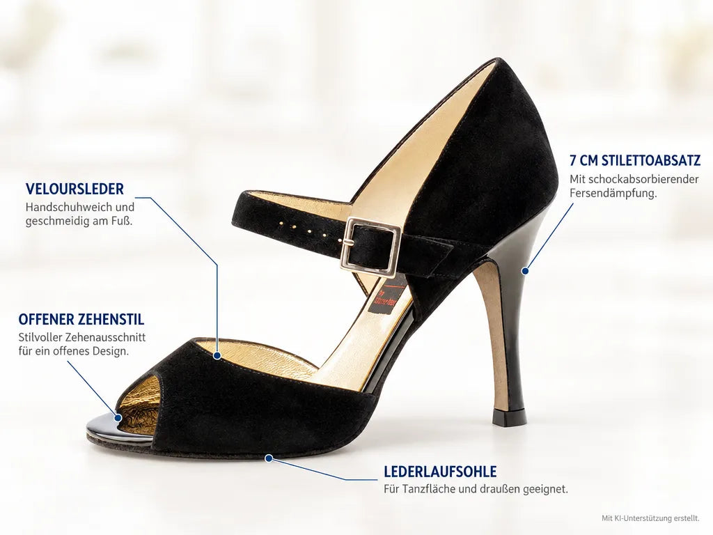 Nueva Epoca Abendschuhe Maite LS – Produktinfografik, mit KI-Unterstützung erstellt.