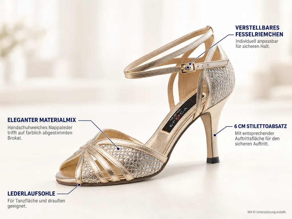 Nueva Epoca Abendschuhe Scarlet LS – Produktinfografik, mit KI-Unterstützung erstellt.