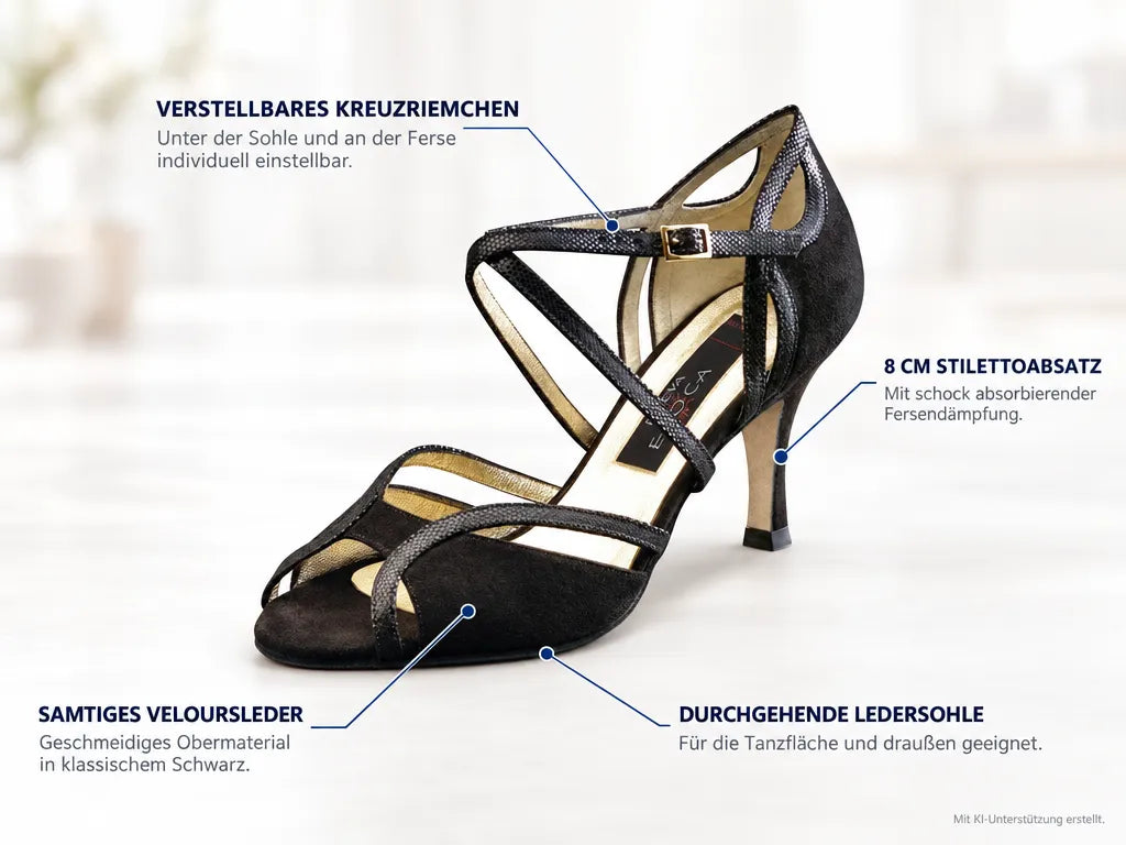Nueva Epoca Abendschuhe Shakira LS – Produktinfografik, mit KI-Unterstützung erstellt.