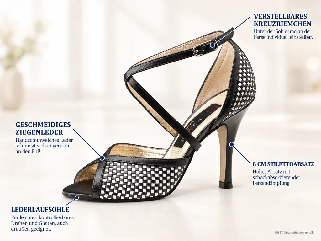 Nueva Epoca Abendschuhe Simona LS – Produktinfografik, mit KI-Unterstützung erstellt.