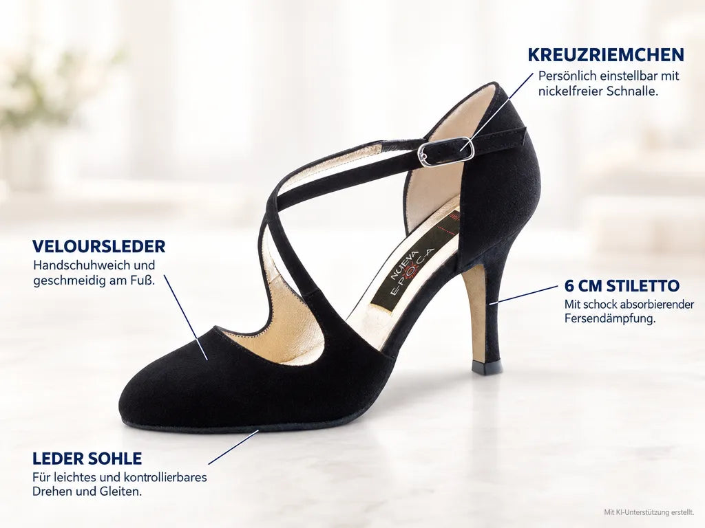 Nueva Epoca Abendschuhe Tanja LS – Produktinfografik, mit KI-Unterstützung erstellt.
