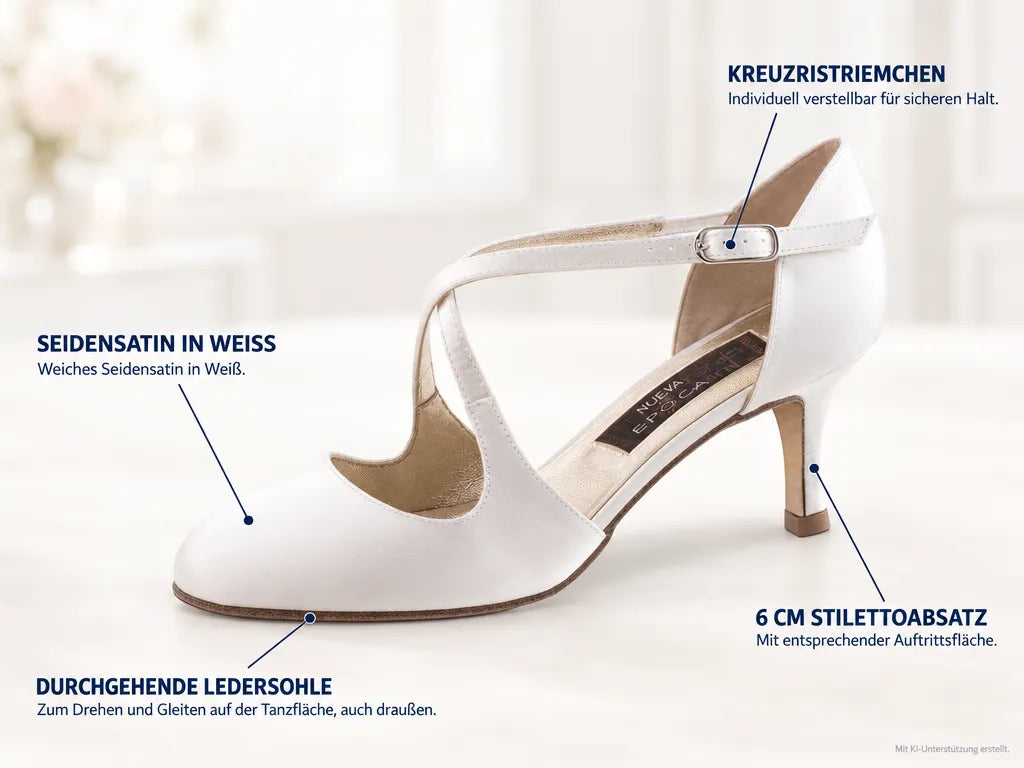 Nueva Epoca Brautschuhe India LS – Produktinfografik, mit KI-Unterstützung erstellt.