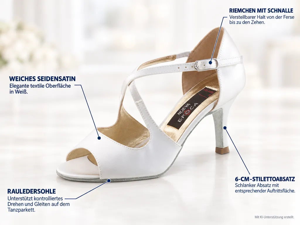 Nueva Epoca Brautschuhe Mable – Produktinfografik, mit KI-Unterstützung erstellt.