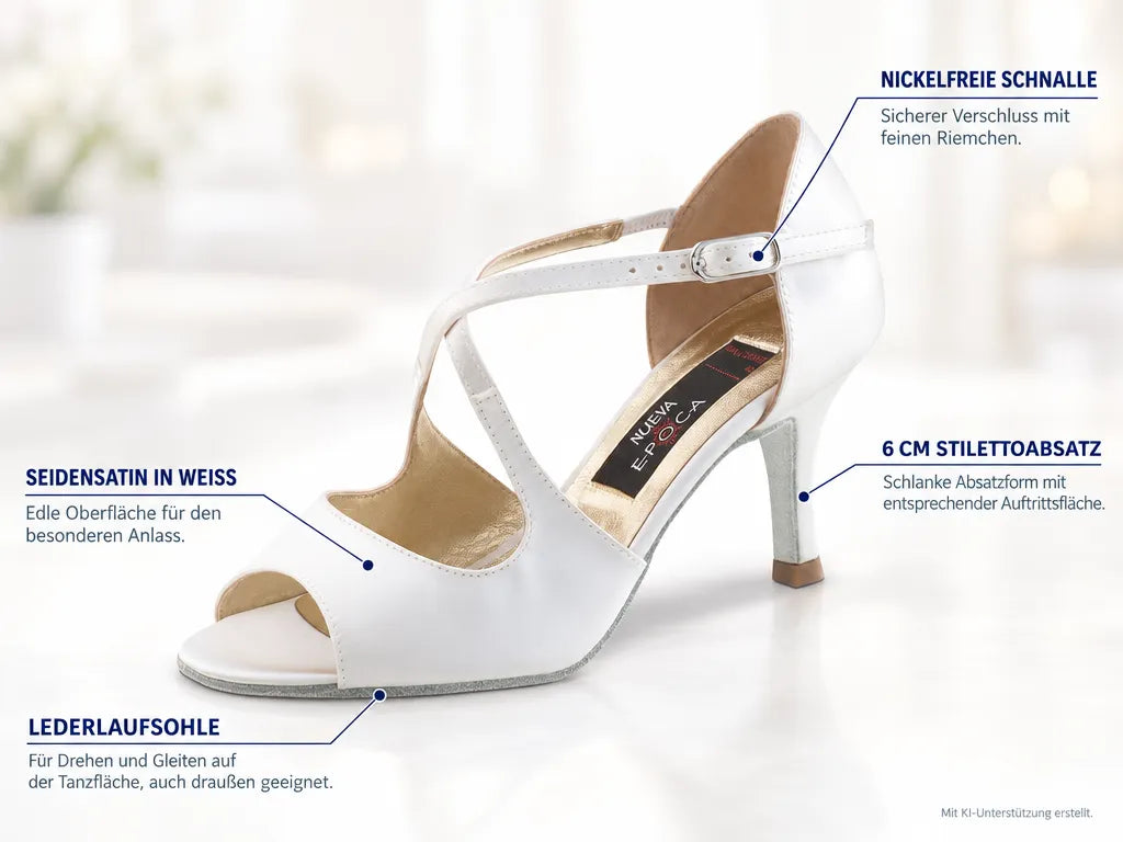 Nueva Epoca Brautschuhe Mable LS – Produktinfografik, mit KI-Unterstützung erstellt.