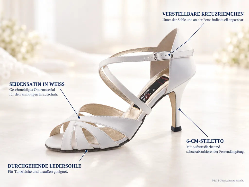 Nueva Epoca Brautschuhe Paris LS – Produktinfografik, mit KI-Unterstützung erstellt.