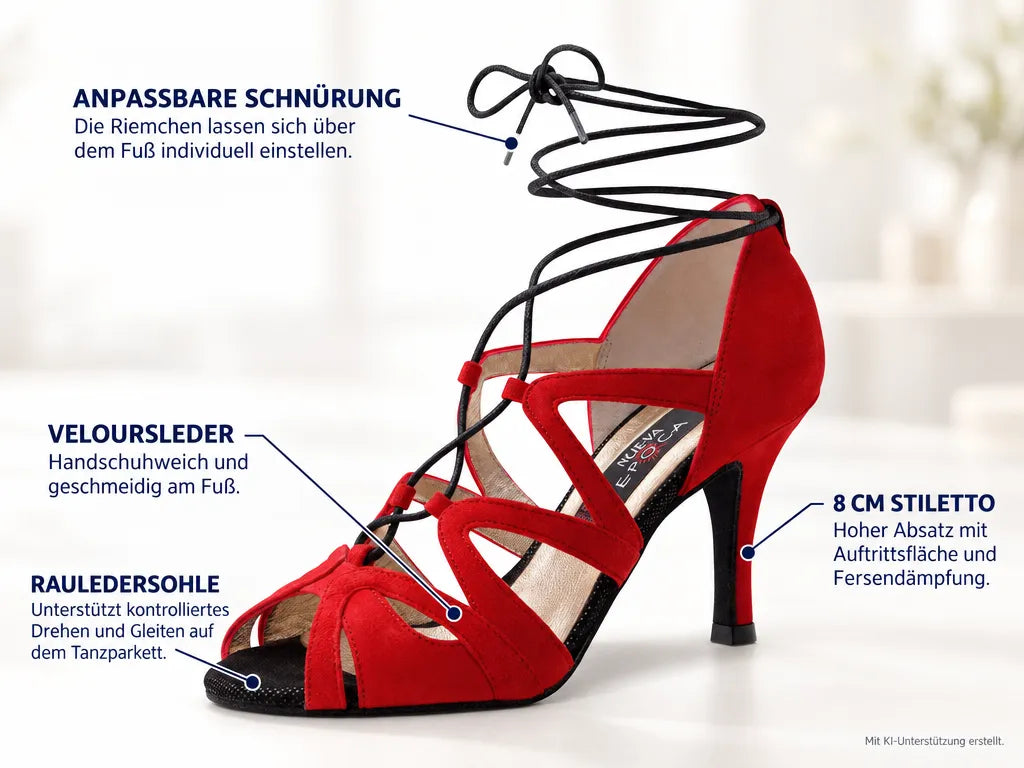 Nueva Epoca Damen Tanzschuhe Akira – Produktinfografik, mit KI-Unterstützung erstellt.