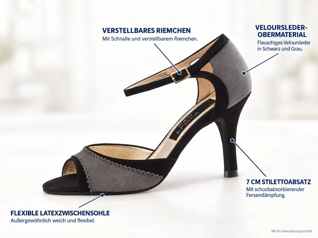 Nueva Epoca Damen Tanzschuhe Alessia – Produktinfografik, mit KI-Unterstützung erstellt.