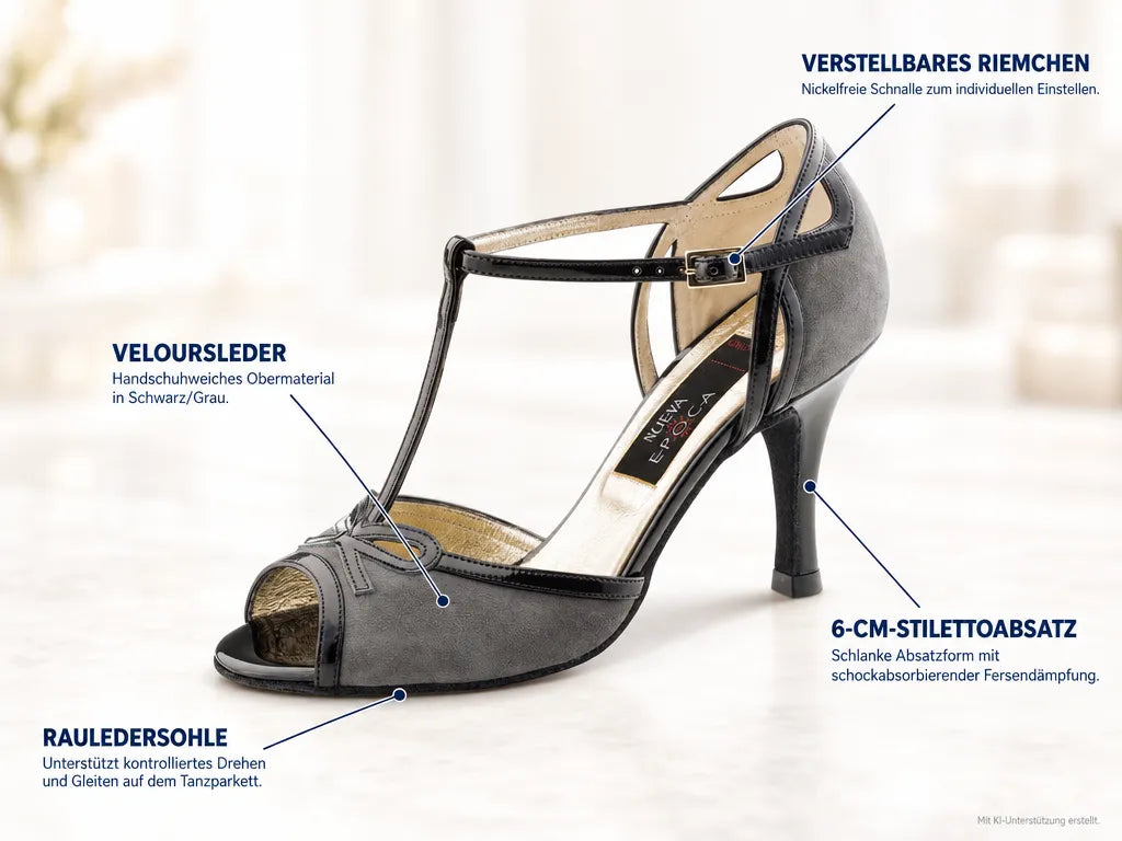 Nueva Epoca Damen Tanzschuhe Alexia – Produktinfografik, mit KI-Unterstützung erstellt.