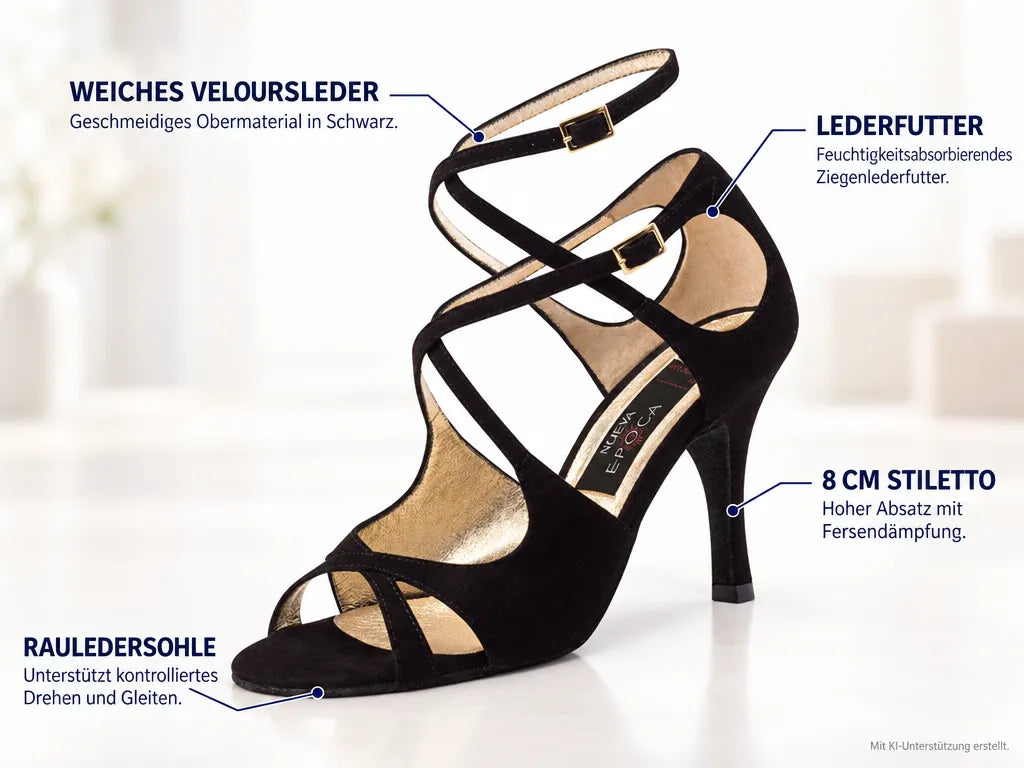 Nueva Epoca Damen Tanzschuhe Amalia – Produktinfografik, mit KI-Unterstützung erstellt.