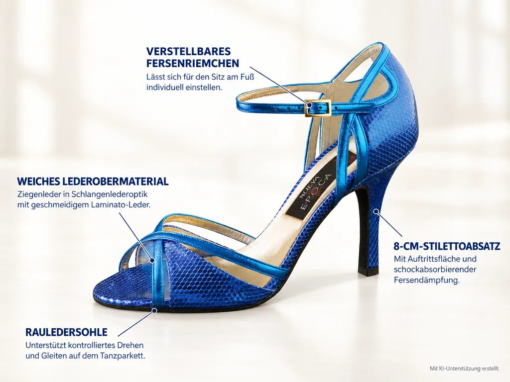 Nueva Epoca Damen Tanzschuhe Angeles – Produktinfografik, mit KI-Unterstützung erstellt.