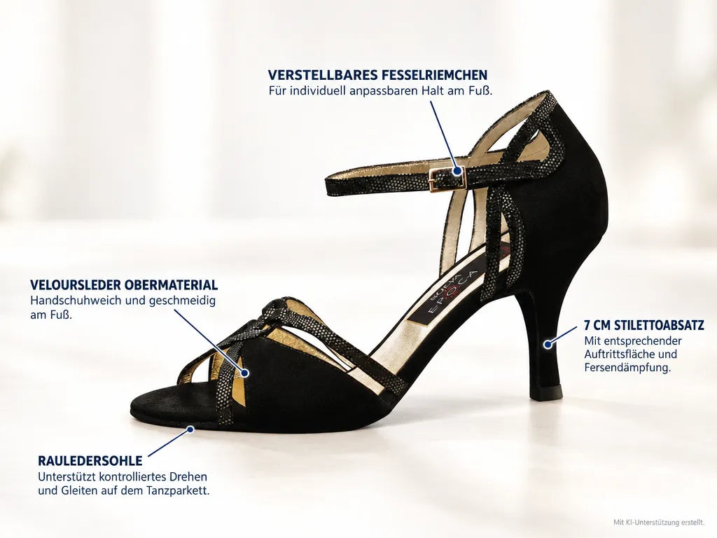 Nueva Epoca Damen Tanzschuhe Christina – Produktinfografik, mit KI-Unterstützung erstellt.