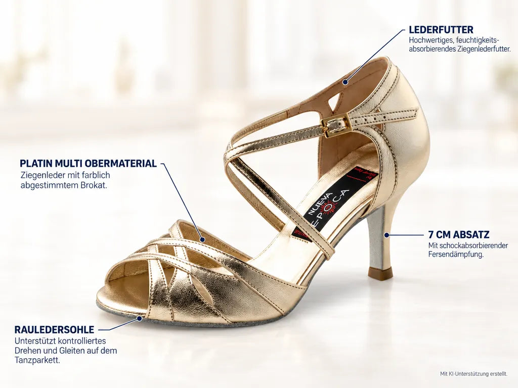 Nueva Epoca Damen Tanzschuhe Cleo – Produktinfografik, mit KI-Unterstützung erstellt.
