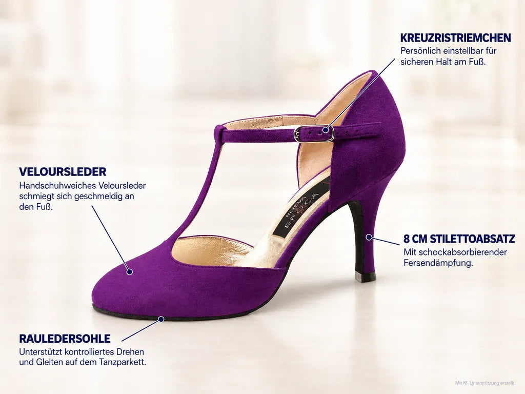 Nueva Epoca Damen Tanzschuhe Corazon – Produktinfografik, mit KI-Unterstützung erstellt.