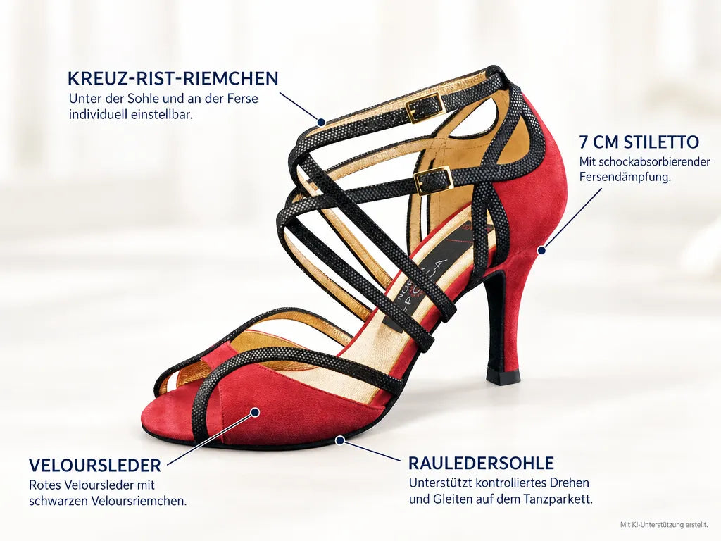 Nueva Epoca Damen Tanzschuhe Cosima – Produktinfografik, mit KI-Unterstützung erstellt.