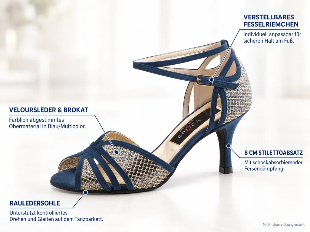 Nueva Epoca Damen Tanzschuhe Donna – Produktinfografik, mit KI-Unterstützung erstellt.