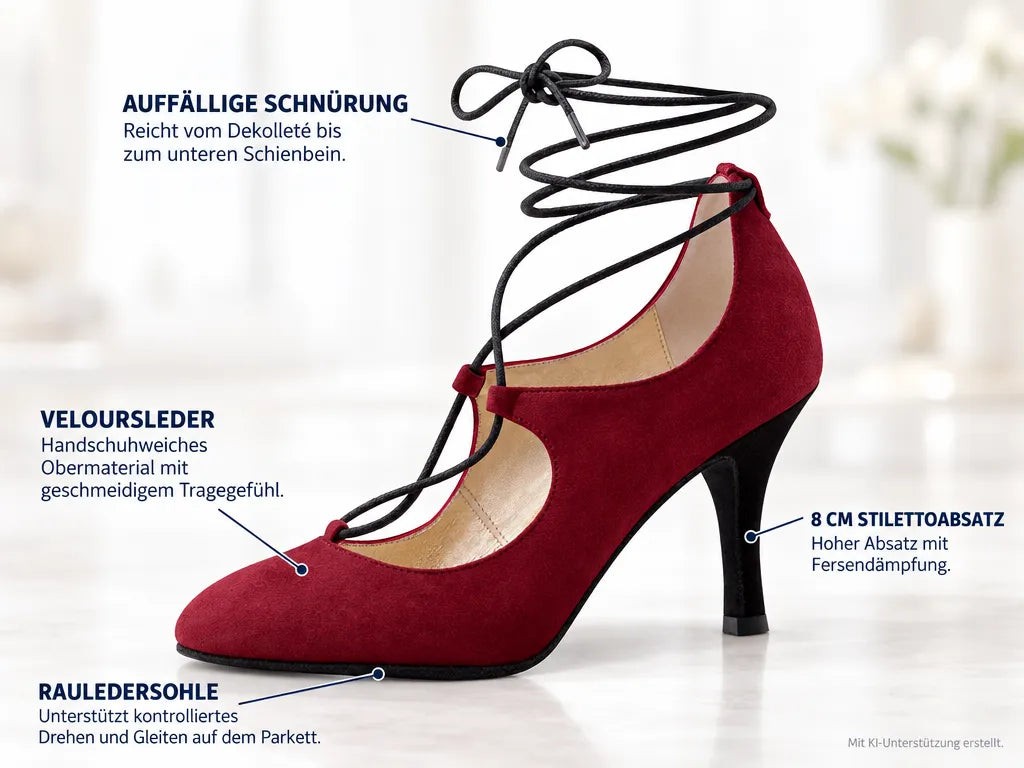 Nueva Epoca Damen Tanzschuhe Dunja – Produktinfografik, mit KI-Unterstützung erstellt.