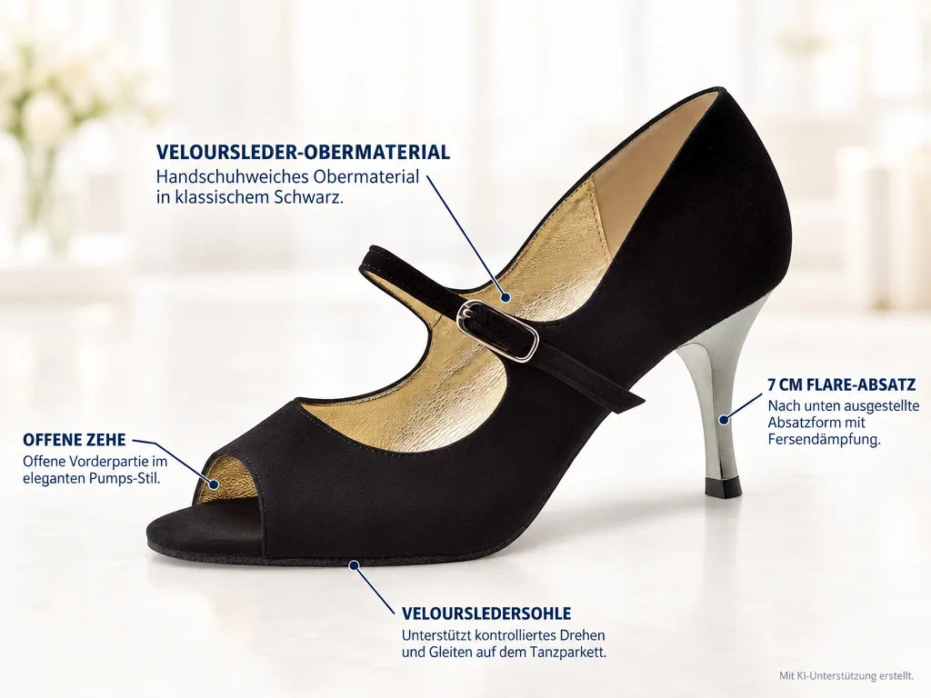 Nueva Epoca Damen Tanzschuhe Frida – Produktinfografik, mit KI-Unterstützung erstellt.