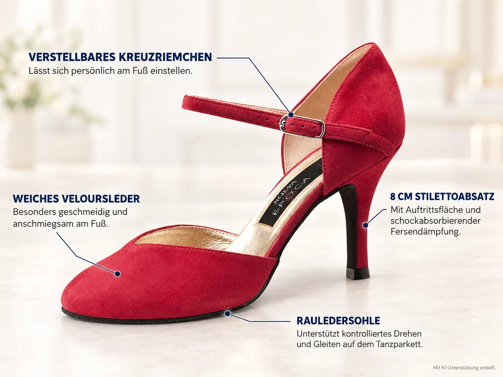 Nueva Epoca Damen Tanzschuhe Gitana – Produktinfografik, mit KI-Unterstützung erstellt.