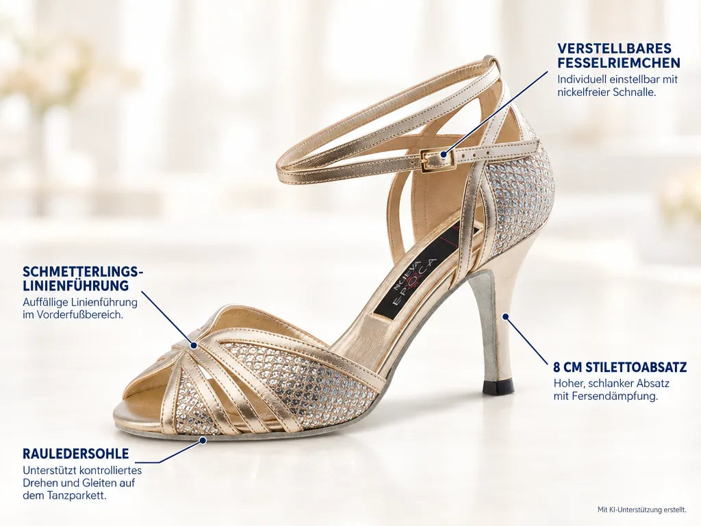 Nueva Epoca Damen Tanzschuhe Gloria – Produktinfografik, mit KI-Unterstützung erstellt.