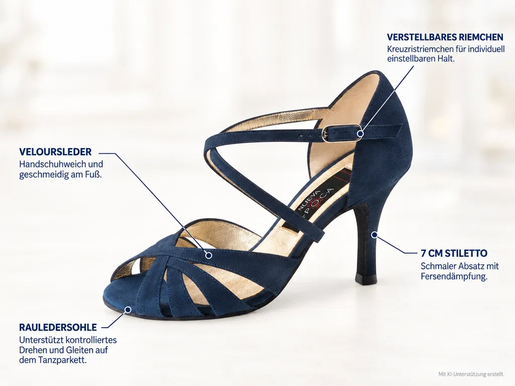 Nueva Epoca Damen Tanzschuhe Gracia – Produktinfografik, mit KI-Unterstützung erstellt.