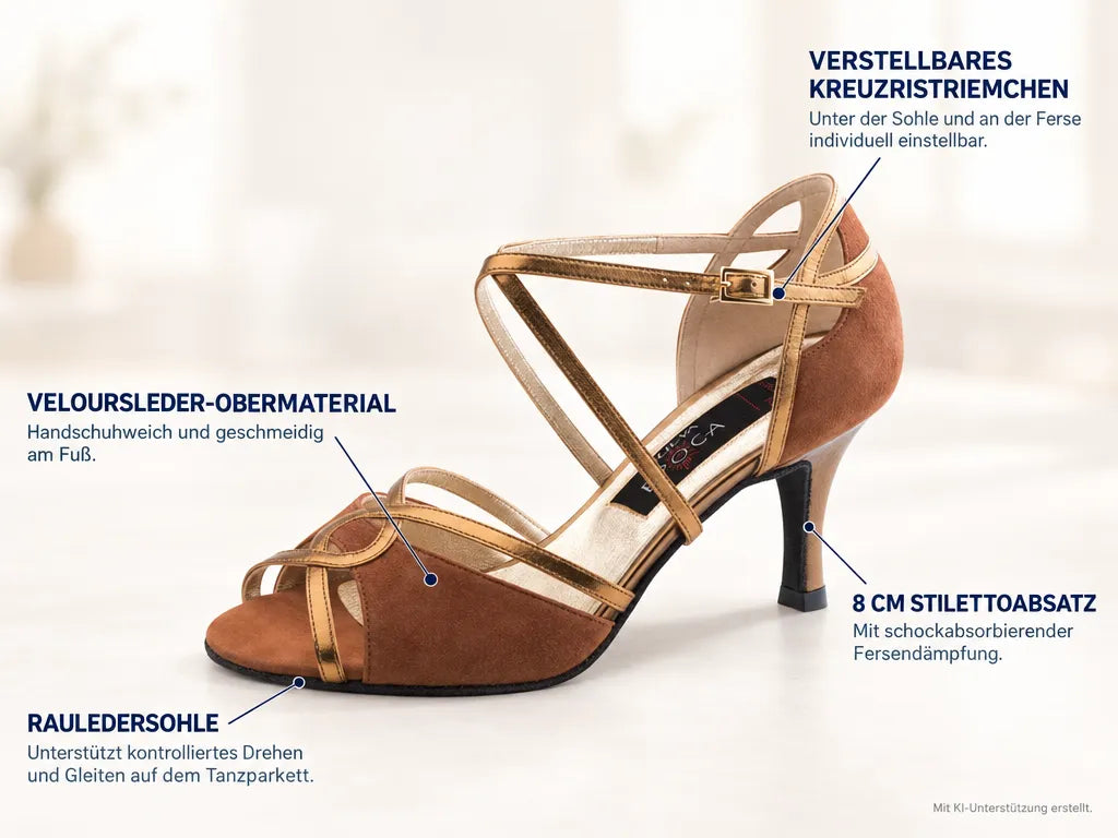 Nueva Epoca Damen Tanzschuhe Helen – Produktinfografik, mit KI-Unterstützung erstellt.