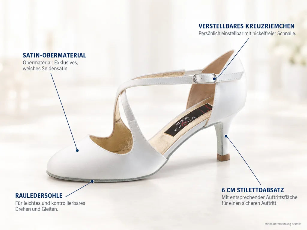 Nueva Epoca Damen Tanzschuhe India – Produktinfografik, mit KI-Unterstützung erstellt.