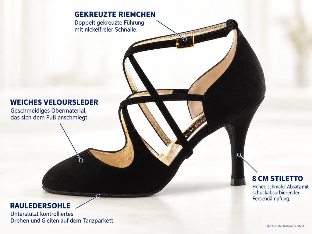 Nueva Epoca Damen Tanzschuhe Jaida – Produktinfografik, mit KI-Unterstützung erstellt.