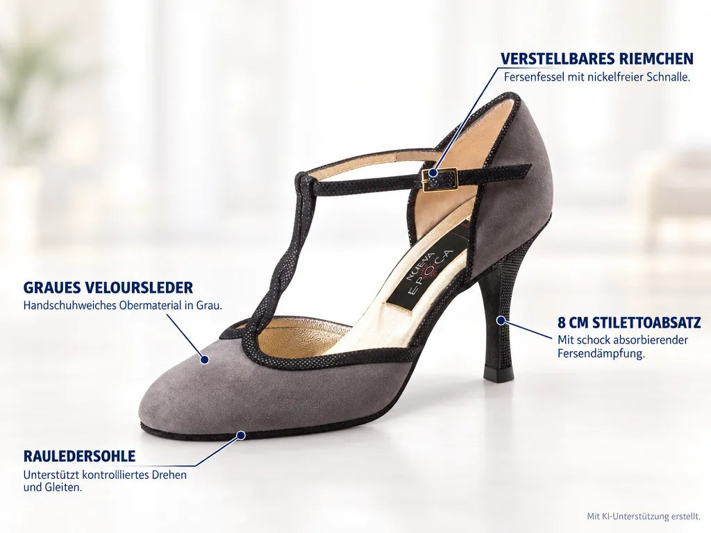 Nueva Epoca Damen Tanzschuhe Josefina – Produktinfografik, mit KI-Unterstützung erstellt.