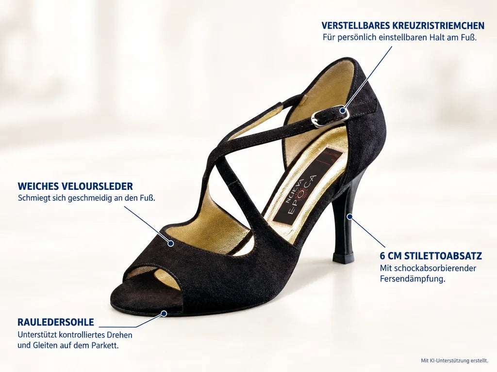 Nueva Epoca Damen Tanzschuhe Joy – Produktinfografik, mit KI-Unterstützung erstellt.